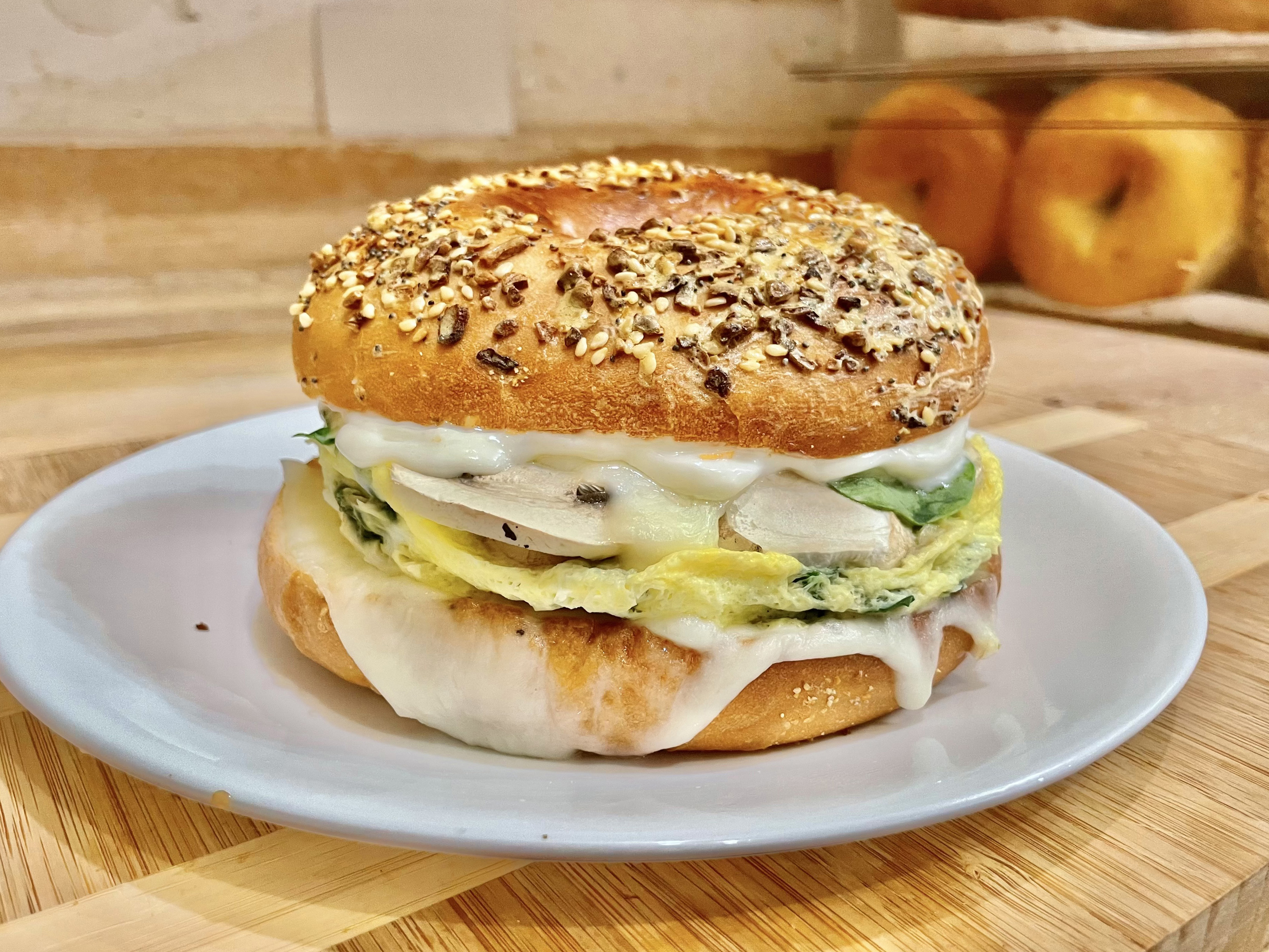 Order Bagel with Mayo, Egg, Mozzarella, Spinach and Mushroom food online from Glaze Donuts And Bagel Sandwiches store, San Francisco on bringmethat.com
