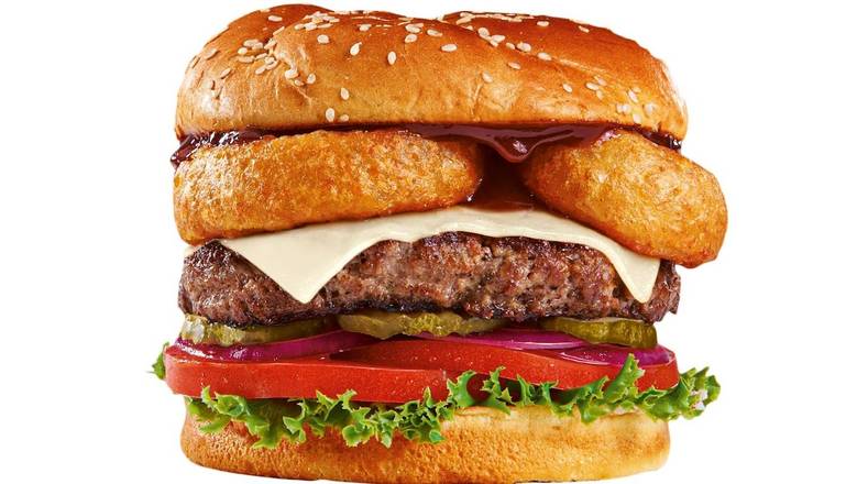 Order Rodeo Ring Burger food online from The Burger Den store, Las Vegas on bringmethat.com