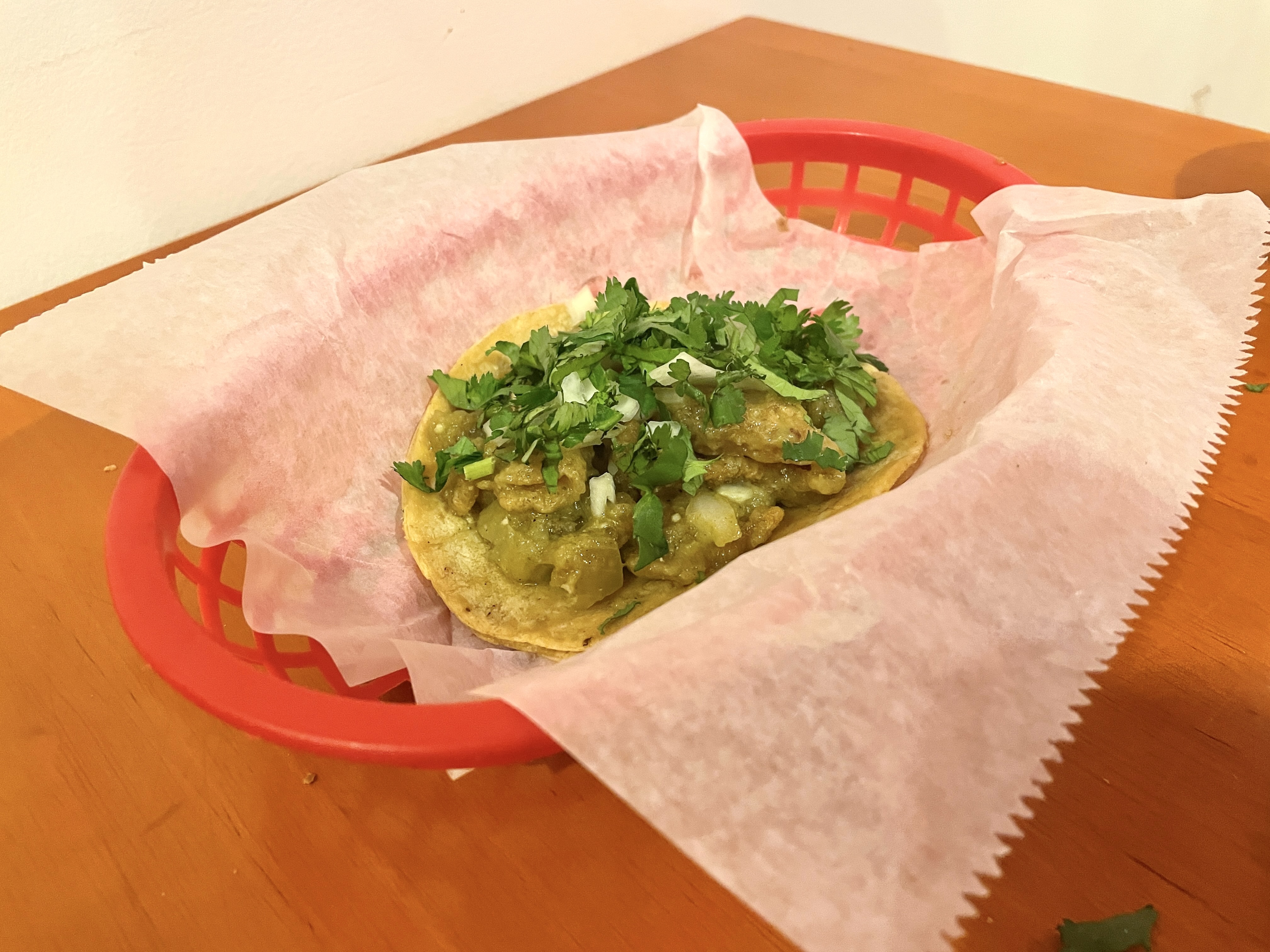 Order Chicharron Verde (Pork Rinds) Taco food online from Chepes Tacos store, Chicago on bringmethat.com