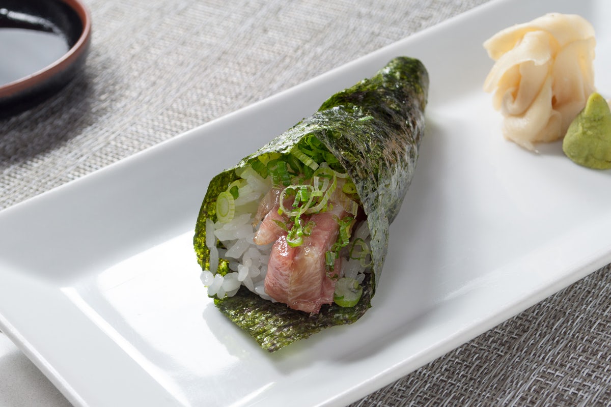 Order TORO SCALLION HAND ROLL food online from RA Sushi store, Lombard on bringmethat.com
