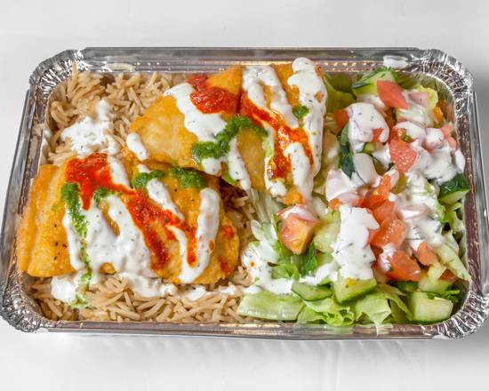 Order 2 Pieces Fish over Rice Platter food online from Shah's Halal Food store, Huntington on bringmethat.com