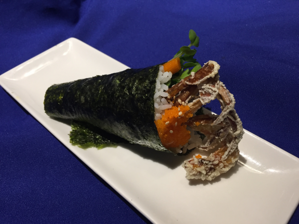Order Soft Shell Crab Hand Roll food online from Hyuga Sushi store, San Marcos on bringmethat.com