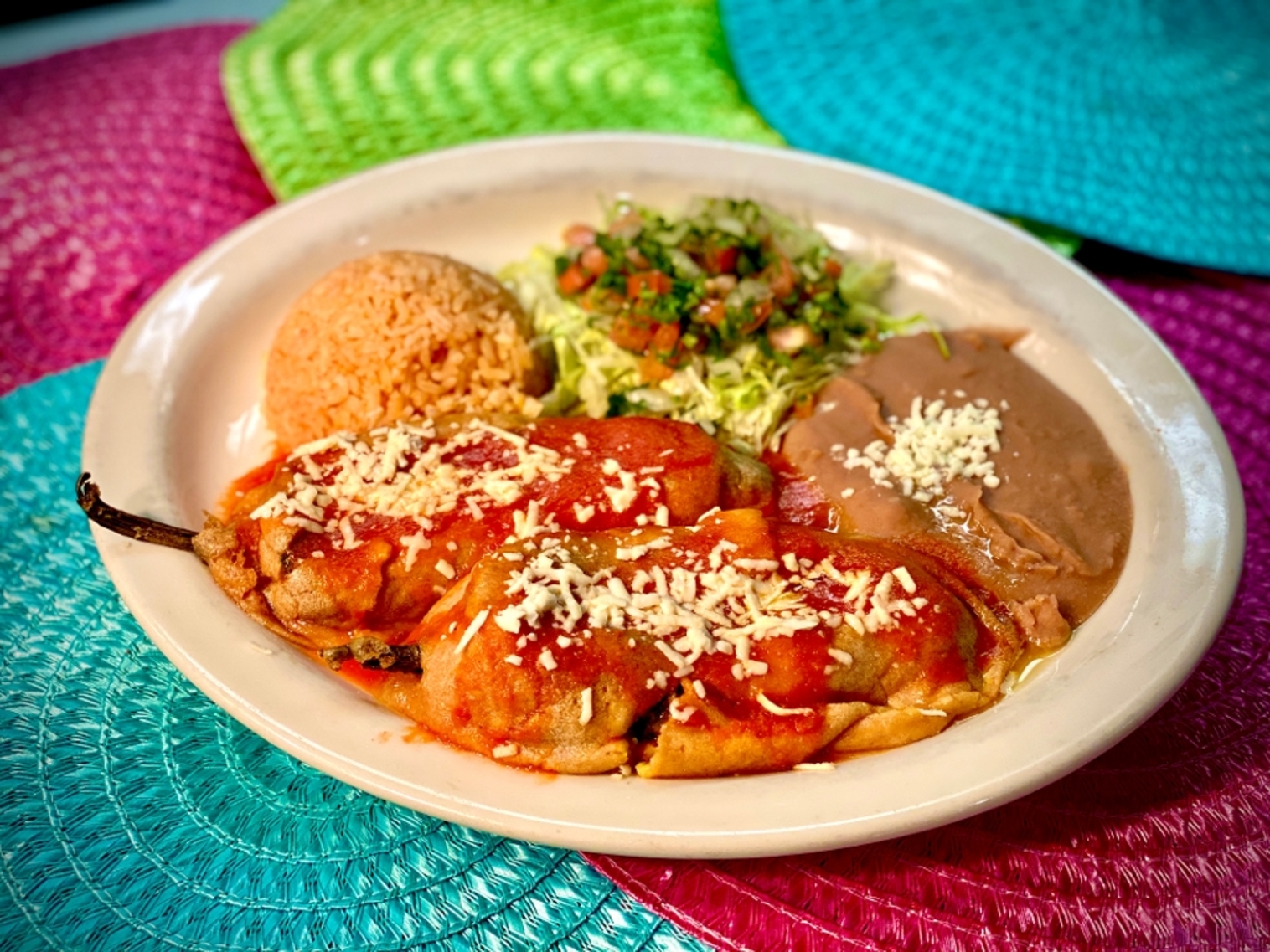 Order Chile Rellenos Dinner food online from Fiesta mexicana store, Chicago on bringmethat.com