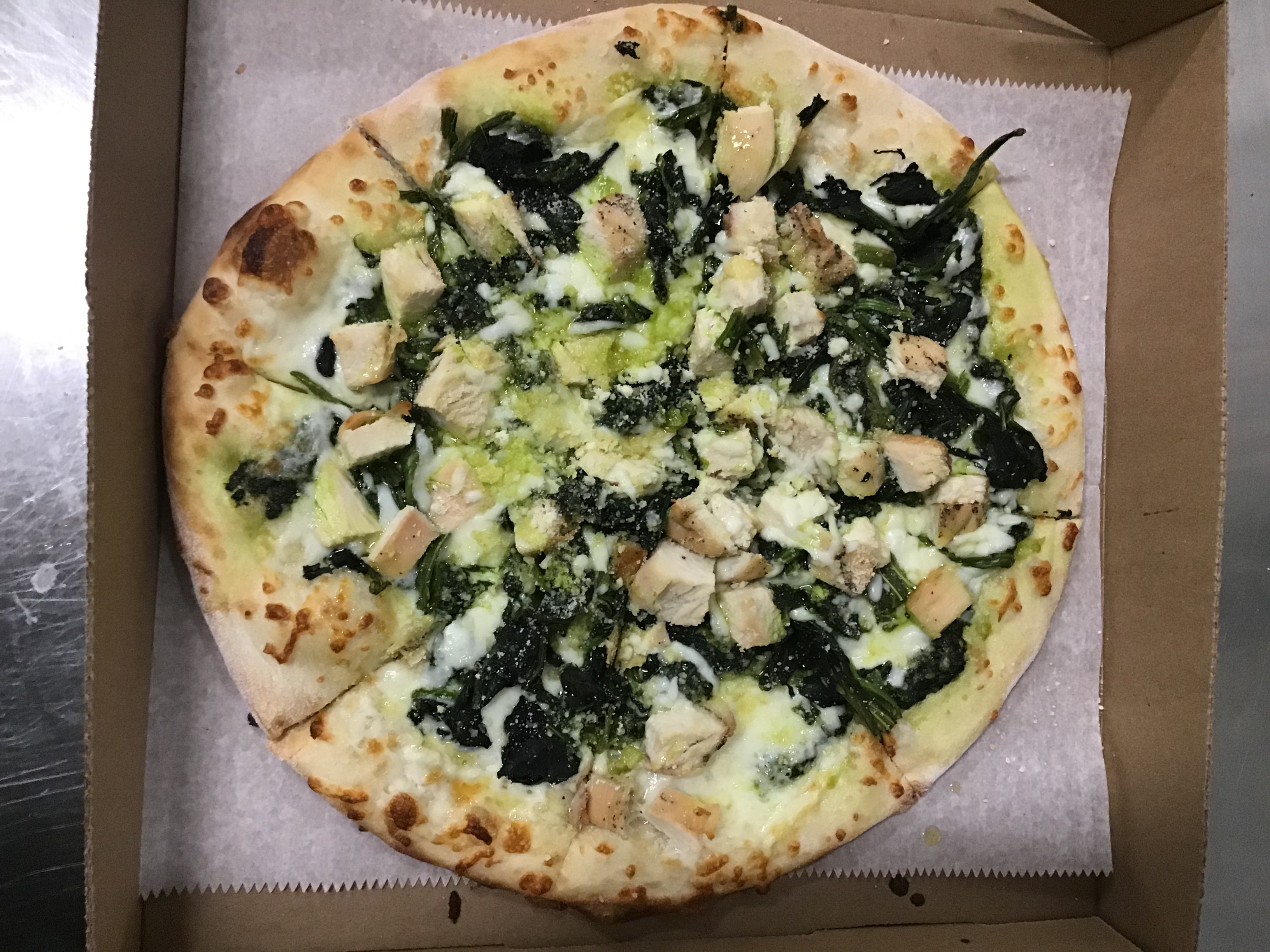Order Chicken, Spinach and Pesto Pizza food online from Via Roma store, North Conway on bringmethat.com