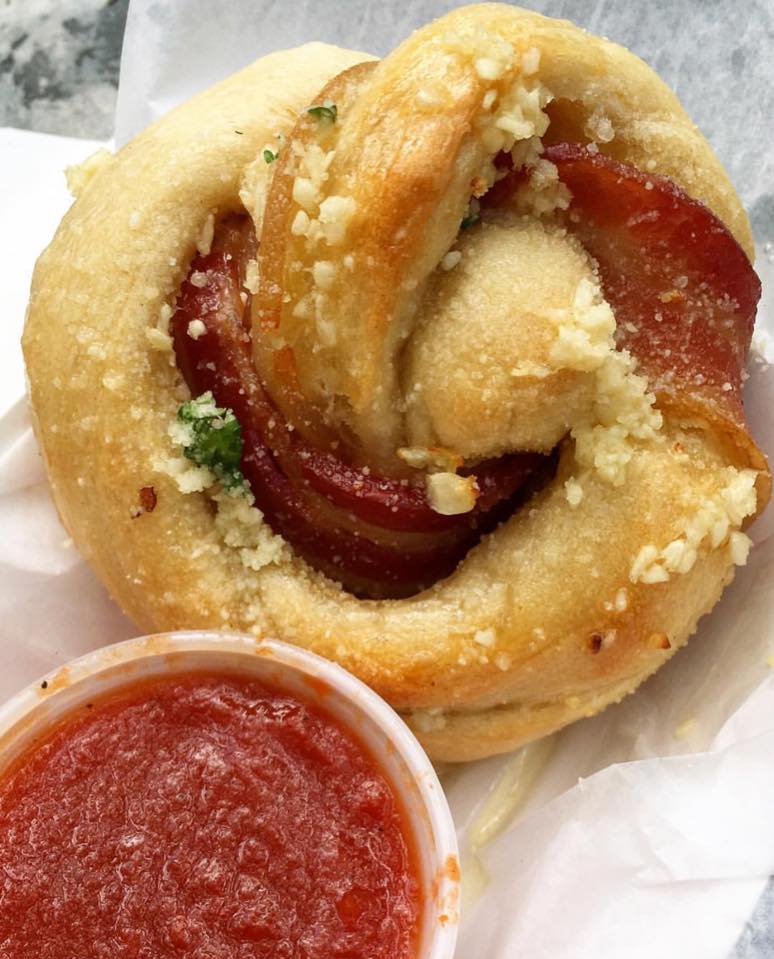 Order Bacon Stuffed Garlic Knot (one per order) food online from Hold My Knots store, Hillsdale on bringmethat.com