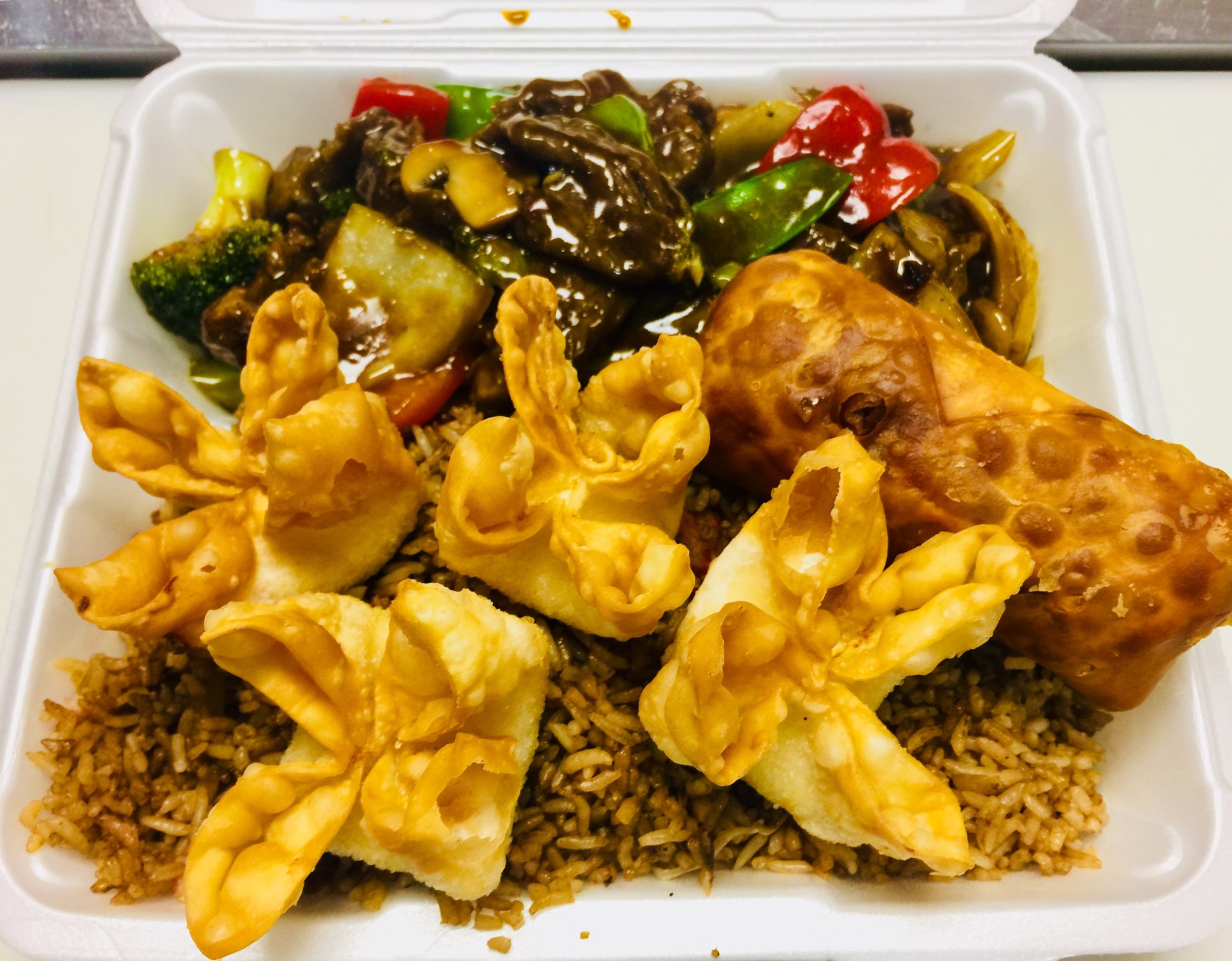 Order D15. Crab Rangoon, Egg Roll, Fried Rice and Szechuan Beef Combo food online from New Hong Kong Village store, Medford on bringmethat.com
