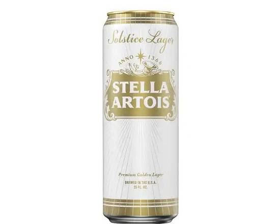 Order Stella Artois Solstice Lager, 25oz can beer (4.5% ABV) food online from Tenderloin Liquor store, San Francisco on bringmethat.com