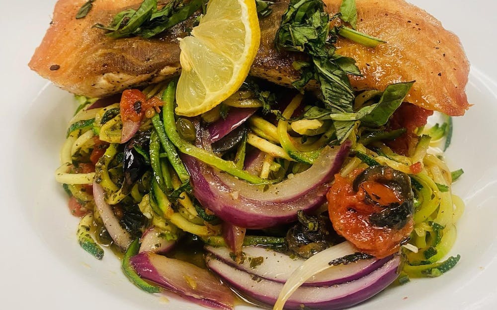 Order Oven Roasted Salmon (Gluten Free) - Entree food online from Strings Italian Cafe store, Auburn on bringmethat.com