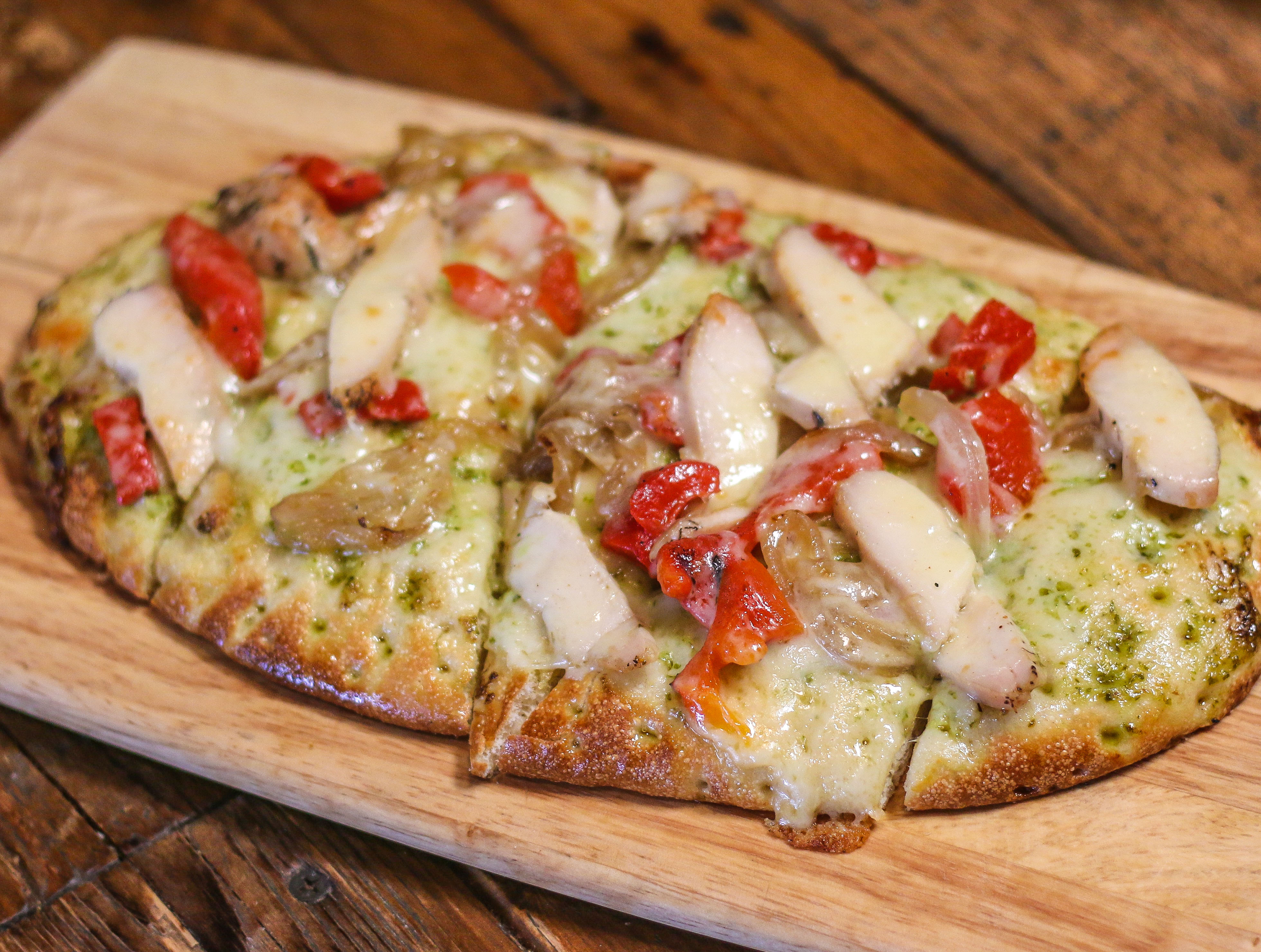 Order Chicken Pesto Flatbread food online from Rough Draft Brewing Company store, San Diego on bringmethat.com