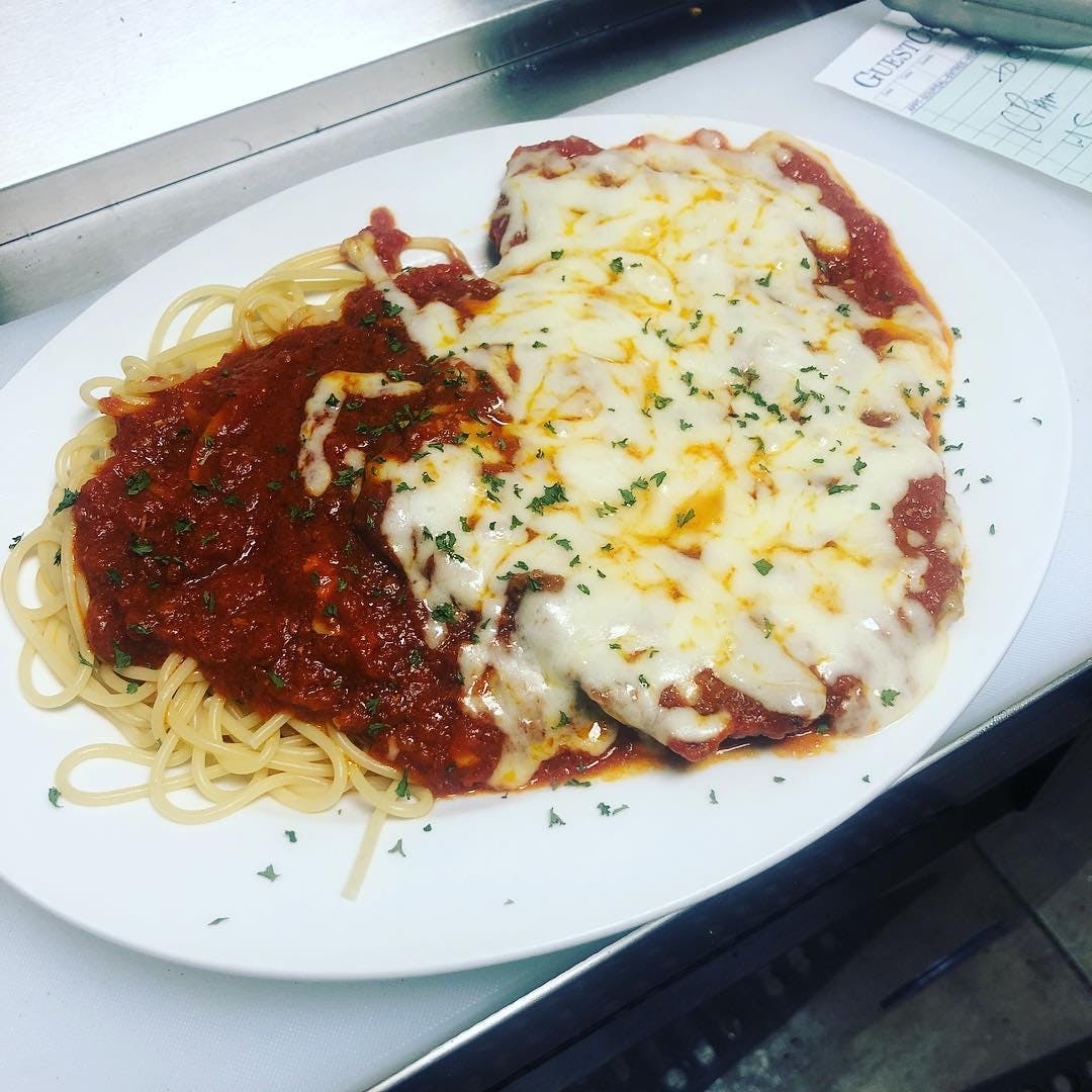 Order Chicken Parmigiana - Entree food online from Sinapi Pizzeria store, Brewster on bringmethat.com