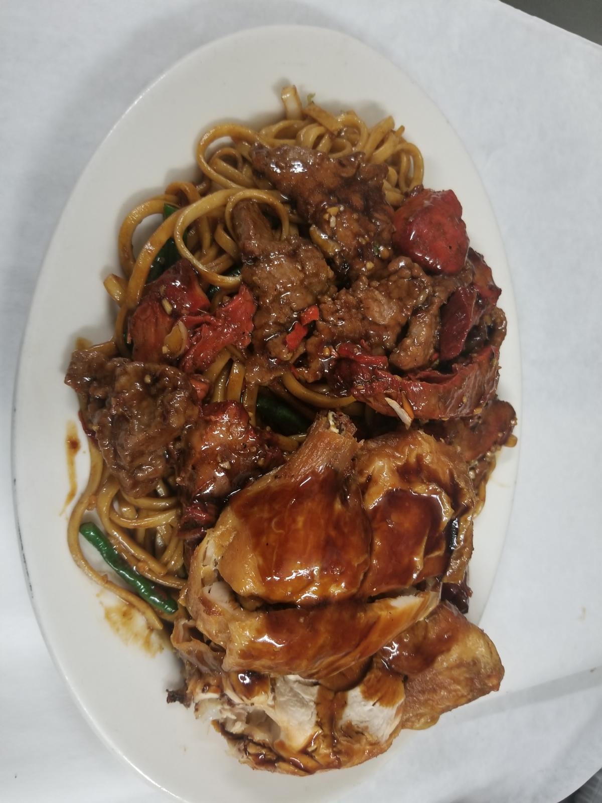 Order 71. Mixed Pork, Chicken and Beef Lo Mein food online from Kaieteur Restaurant store, Richmond Hill on bringmethat.com