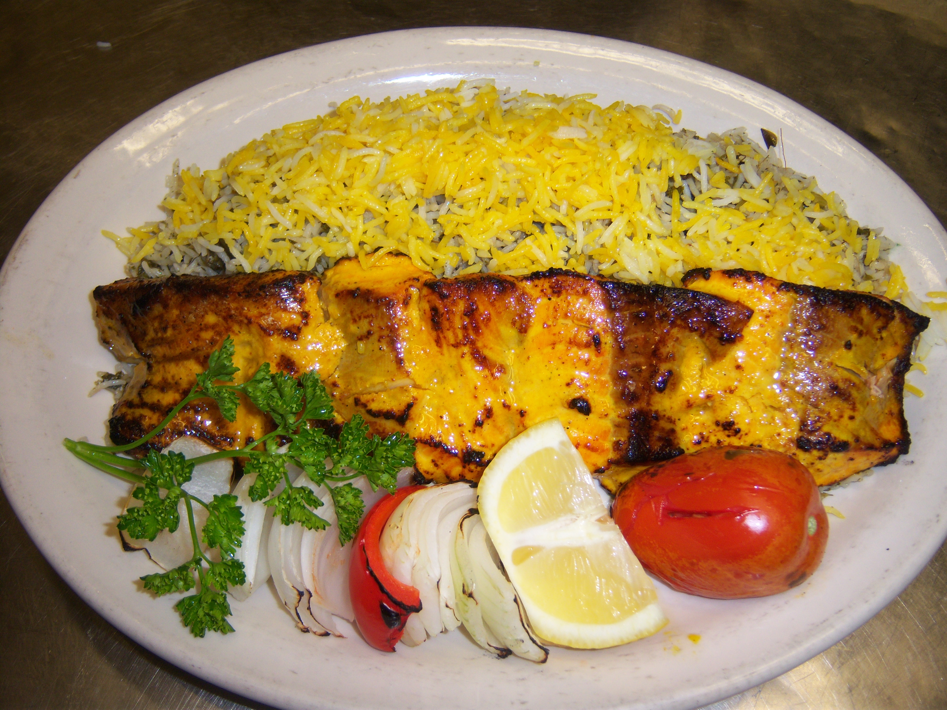 Order Salmon Kebab + herb rice food online from Pars Persian Cuisine store, Scottsdale on bringmethat.com