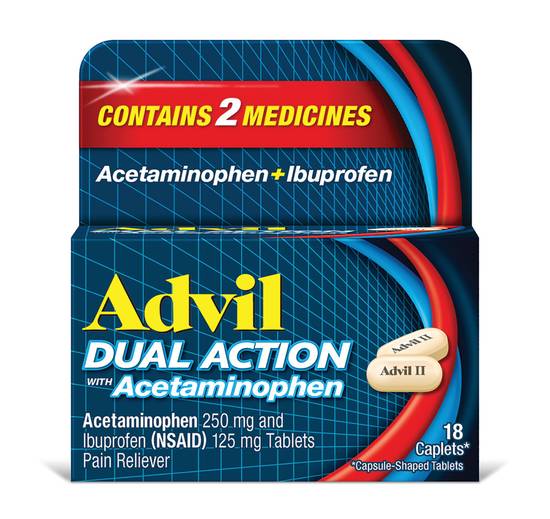 Order Advil Dual Action Coated Acetaminophen & Ibuprofen Caplets (18 ct) food online from Rite Aid store, EUREKA on bringmethat.com