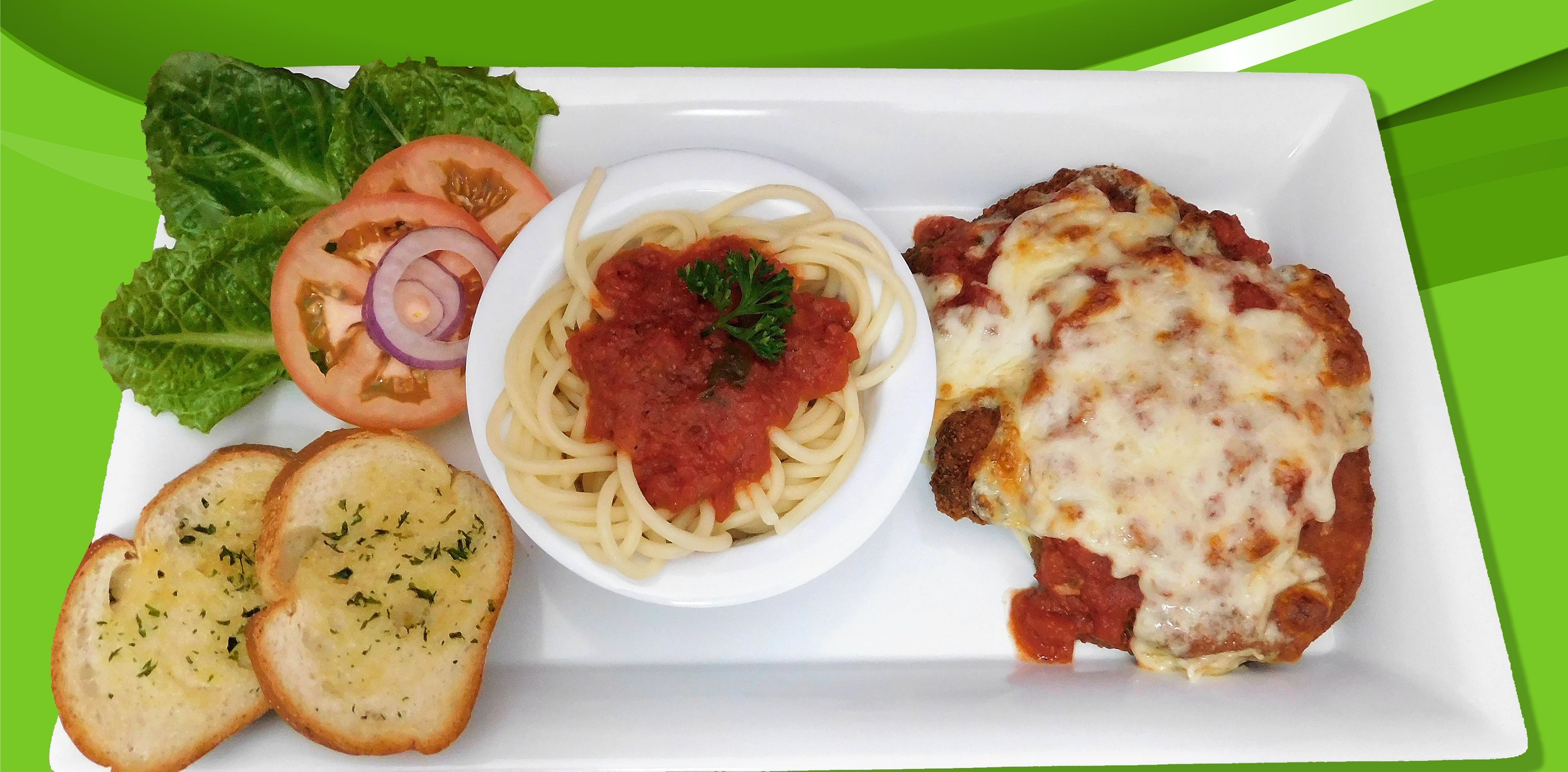 Order Chicken Parmigiana with Spaghetti - Dinner food online from Pizza Express store, Trenton on bringmethat.com