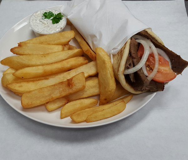 Order 25. Gyro Sandwich with Fries food online from The Greek Cafe store, San Diego on bringmethat.com