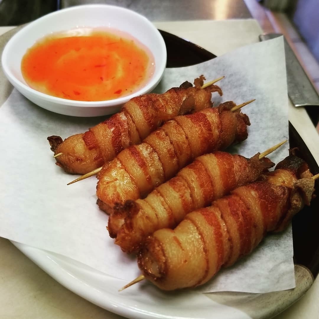 Order A12. Bacon Shrimp Roll food online from Rice Thai Cafe and Sushi store, Chicago on bringmethat.com