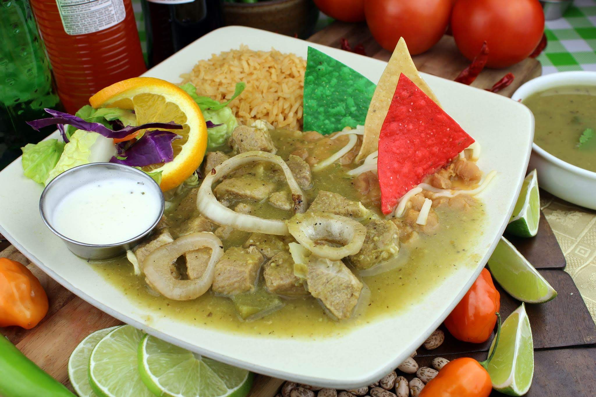 Order Chile Verde Plate  food online from Que Buena Taqueria store, Whittier on bringmethat.com