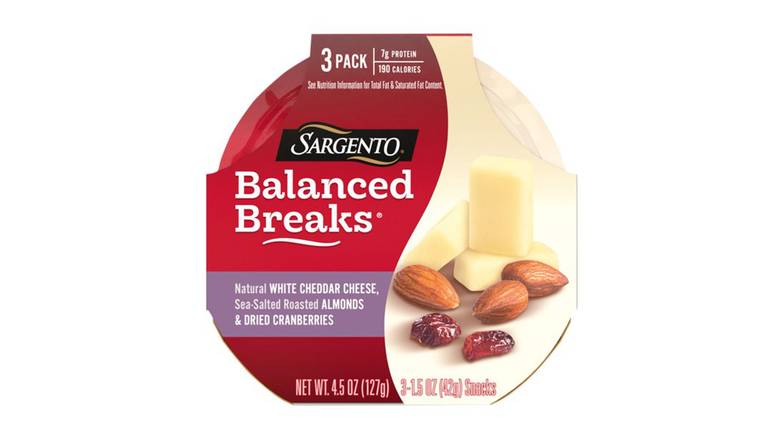 Order Sargento Balanced Breaks White Cheddar Cheese, Sea-Salted Roasted Almonds, Dried Cranberries Snack - Pack of 3 food online from Route 7 Food Mart store, Norwalk on bringmethat.com