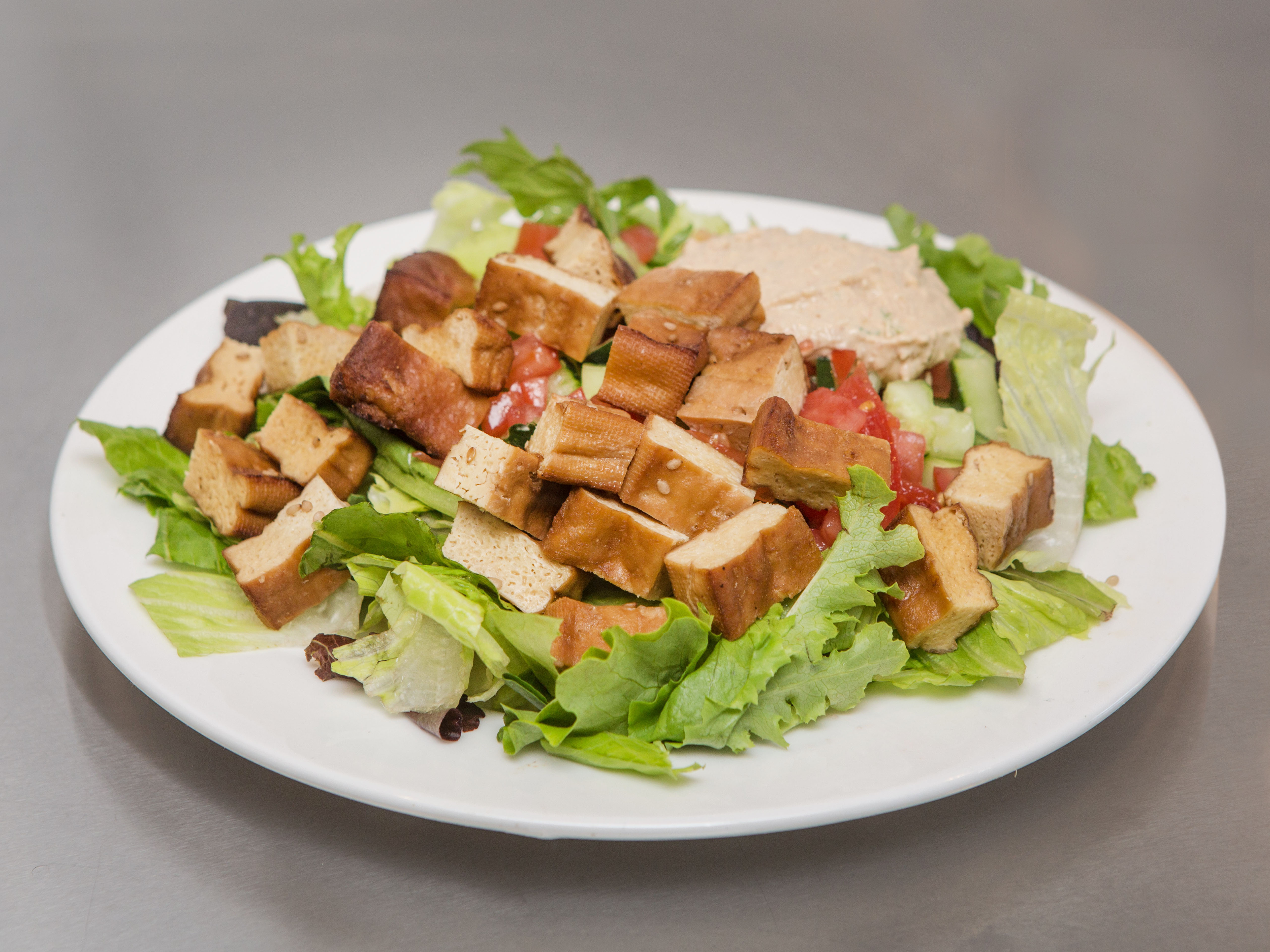 Order  Baked Tofu Hummus Salad (Vegetarian) food online from Eva's Kitchen store, Kew Gardens on bringmethat.com