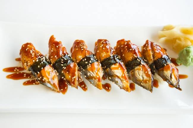 Order All Unagi (eel) (6 pc nigiri) food online from B Cafe store, Quincy on bringmethat.com