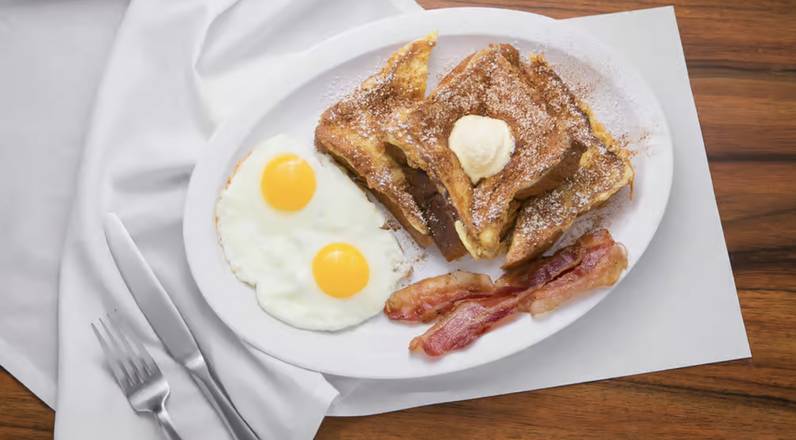 Order French Toast, Eggs (2 pcs), & 2 Bacon or Sausage (2 pcs) food online from Harry's Cafe- Katella Ave store, Stanton on bringmethat.com