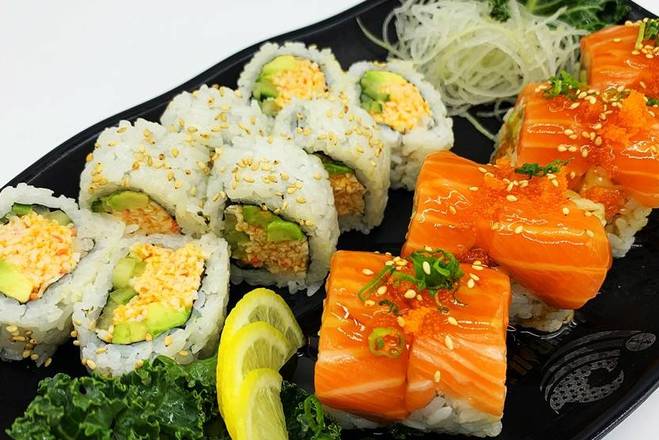 Order Lunch 11:Salmon Love Roll(8pcs)+Mexican Roll(8pcs)+miso soup food online from Koya Sushi store, Whittier on bringmethat.com