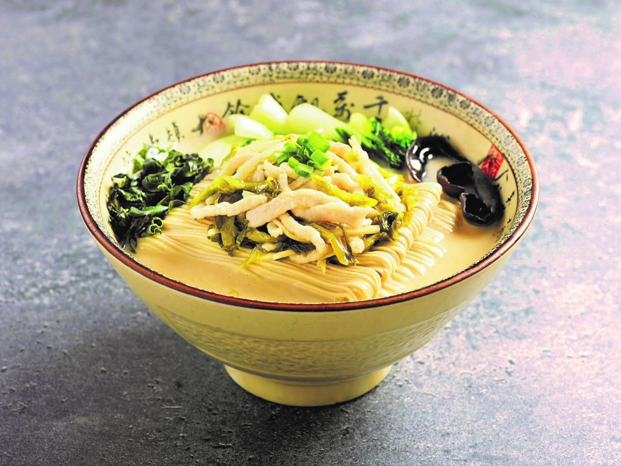Order G6. Noodle with Shredded Pork and Pickled Mustard Green in Thick Chicken Soup food online from Paradise Dynasty store, Costa Mesa on bringmethat.com