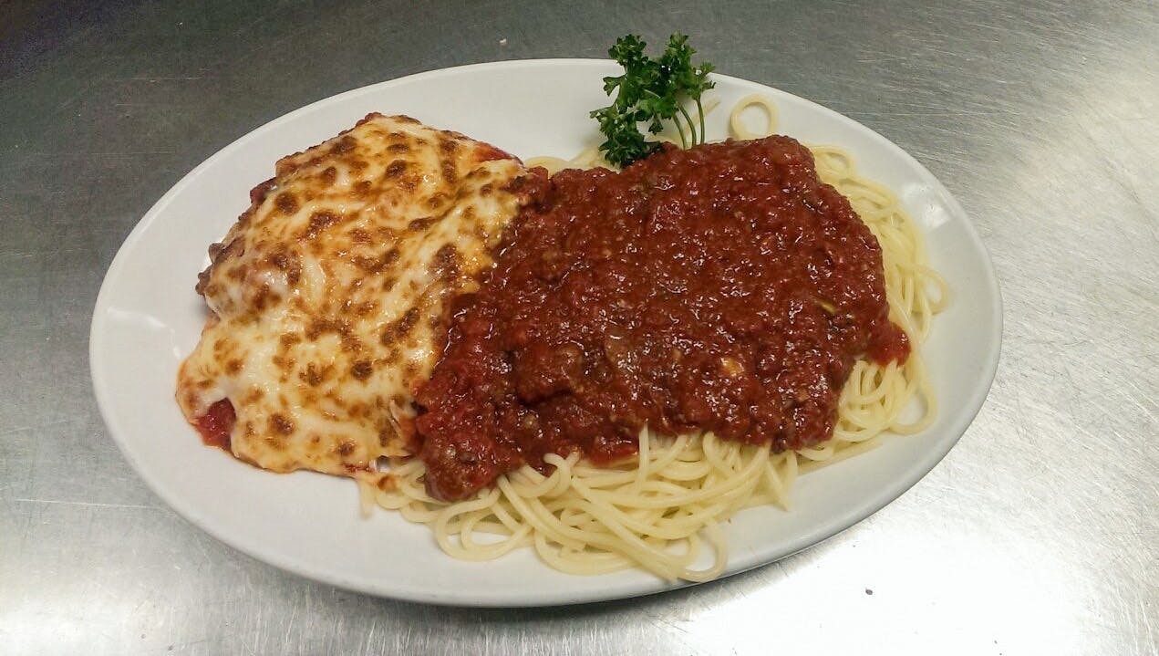 Order Chicken Parm with Spaghetti - Entree food online from Bella Pizza & Pasta store, Mesa on bringmethat.com