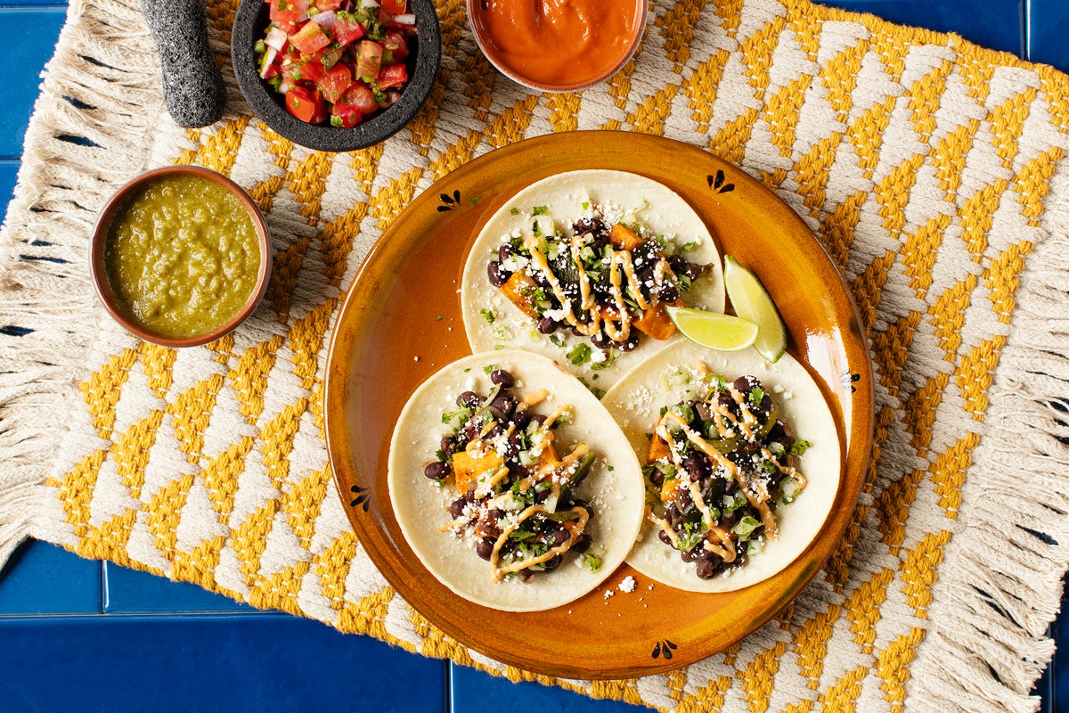 Order Sweet Potato Black Bean Tacos (3 Pack) food online from Scratch Kitchen Food Hall store, Boulder on bringmethat.com